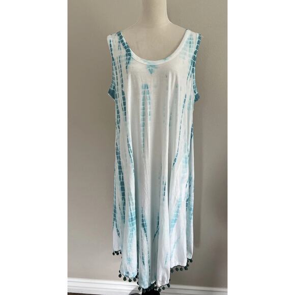 Soft Surroundings Tank Dress Women 1X Tie Dye Pom Pom Hem Pockets Casual Hippie - Picture 2 of 12